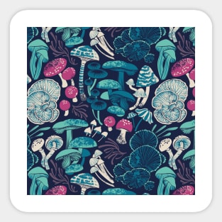 Mystical fungi // midnight blue background mint teal and dark pink wild mushrooms Sticker